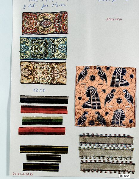 Sheet of ribbon samples, Silk, Swiss