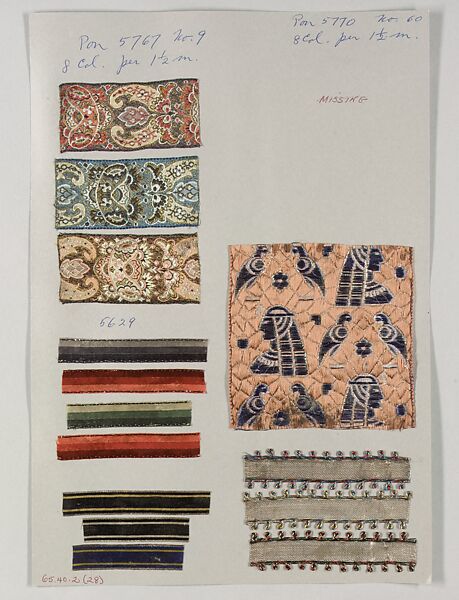 Sheet of ribbon samples, Silk, Swiss