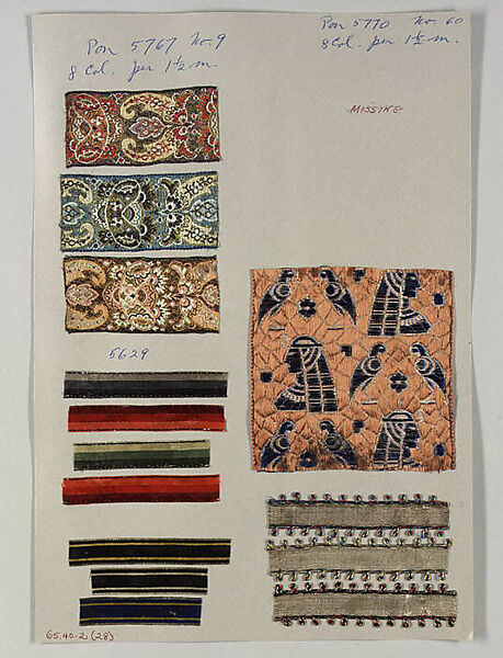 Sheet of ribbon samples, Silk, Swiss