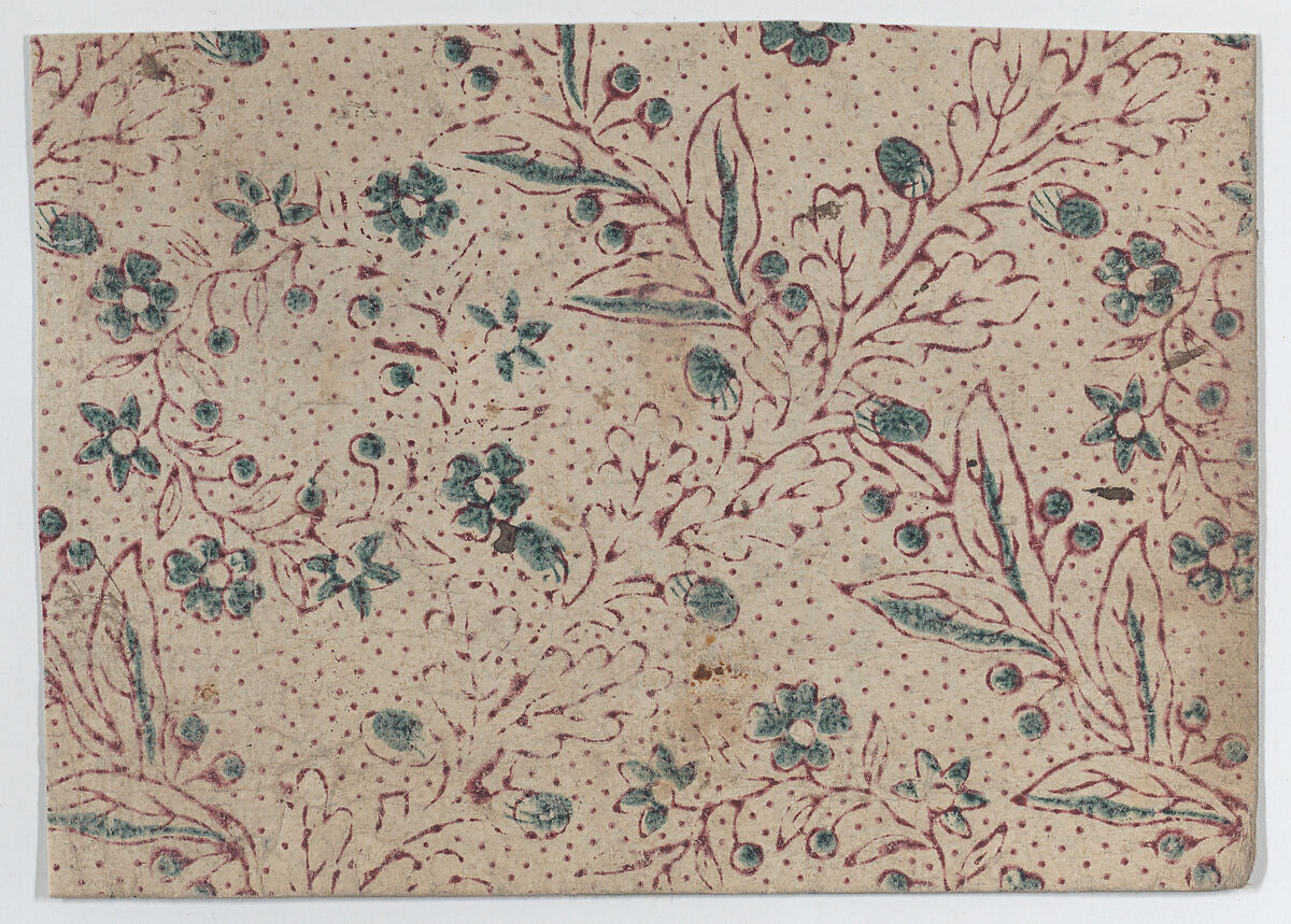 Sheet with blue and purple floral and dot pattern, Anonymous  , Italian, 18th century, Relief print (wood or metal) 