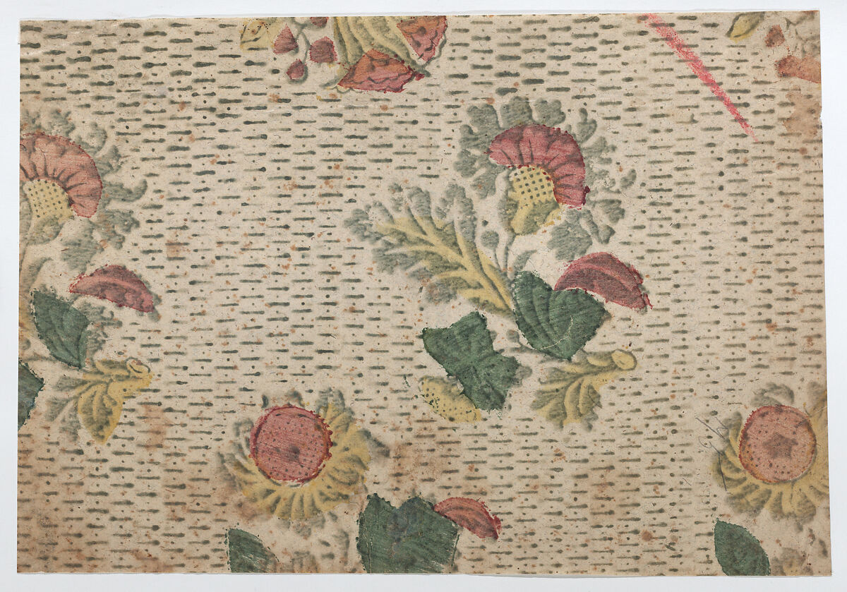 Sheet with floral pattern with a repeating line background, Anonymous  , 18th century, Relief print (wood or metal) 