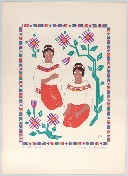 Two Tzeltal women from the state of Chiapas, plate 3 from "Trajes Regionales Mexicanos" (Regional Mexican Dress), Carlos Mérida (Guatemalan, Guatemala City 1891–1984 Mexico City), Silkscreen 