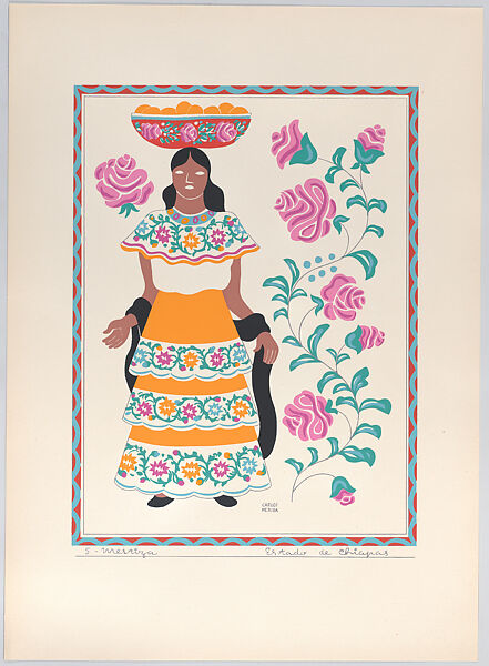 A standing woman from the state of Chiapas, plate 5 from "Trajes Regionales Mexicanos" (Regional Mexican Dress), Carlos Mérida (Guatemalan, Guatemala City 1891–1984 Mexico City), Silkscreen 