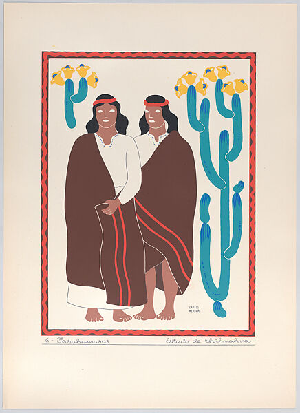 Two Rarámuri (or Tarahumara) men from the state of Chihuahua, plate 6 from "Trajes Regionales Mexicanos" (Regional Mexican Dress), Carlos Mérida (Guatemalan, Guatemala City 1891–1984 Mexico City), Silkscreen 