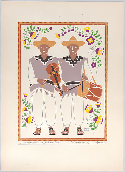 Plate 7: two male musicians from Atotonilco in the state of Guanajuato, from 'Trajes regionales mexicanos' (regional Mexican dress), Carlos Mérida (Guatemala City 1891–1984 Mexico City), Silkscreen 
