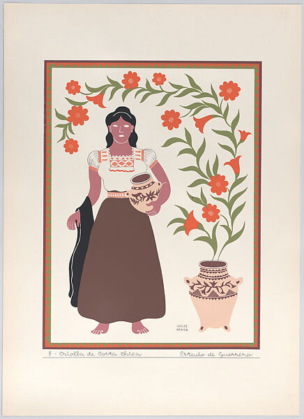 A young Creole woman from the state of Guerrero, plate 8 from "Trajes Regionales Mexicanos" (Regional Mexican Dress), Carlos Mérida (Guatemalan, Guatemala City 1891–1984 Mexico City), Silkscreen 