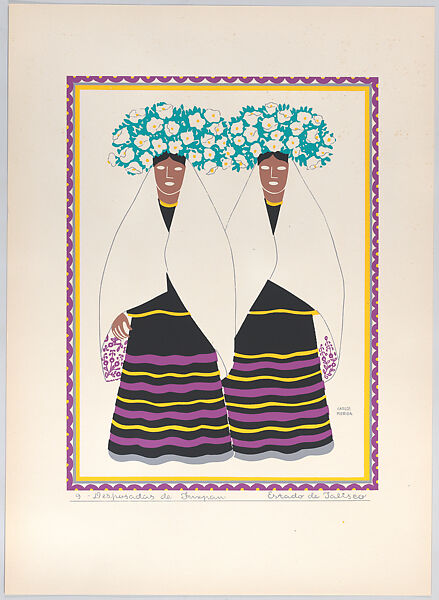 Two Tuxpan women from the state of Jalisco, plate 9 from "Trajes Regionales Mexicanos" (Regional Mexican Dress), Carlos Mérida (Guatemalan, Guatemala City 1891–1984 Mexico City), Silkscreen 