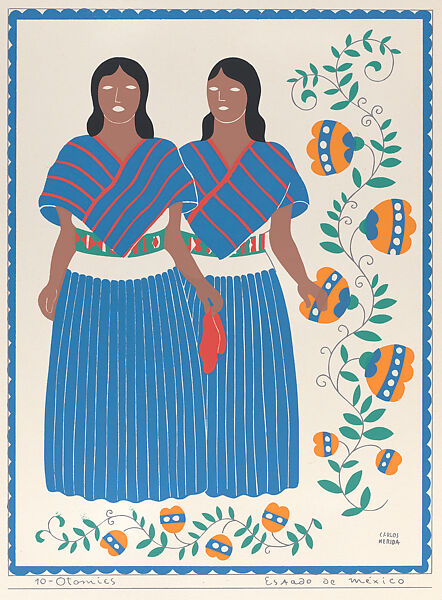 Two Otomi women from the state of Mexico, plate 10 from "Trajes Regionales Mexicanos" (Regional Mexican Dress), Carlos Mérida (Guatemalan, Guatemala City 1891–1984 Mexico City), Color silkscreen 