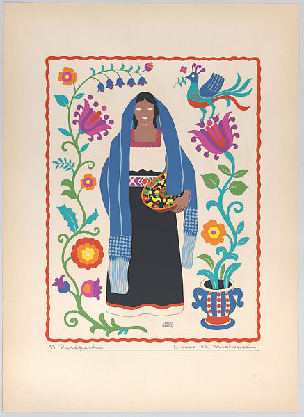 A Purépecha (or Tarascan) woman from the state of Michoacán, plate 11 from "Trajes Regionales Mexicanos" (Regional Mexican Dress), Carlos Mérida (Guatemalan, Guatemala City 1891–1984 Mexico City), Silkscreen 