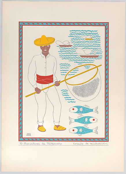 A fisherman from Pátzcuaro in the state of Michoacán, plate 12 from "Trajes Regionales Mexicanos" (Regional Mexican Dress), Carlos Mérida (Guatemalan, Guatemala City 1891–1984 Mexico City), Silkscreen 