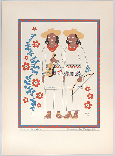 Two Huichol (or Wixáritari) musicians from the state of Nayarit, plate 13 from "Trajes Regionales Mexicanos" (Regional Mexican Dress), Carlos Mérida (Guatemalan, Guatemala City 1891–1984 Mexico City), Silkscreen 