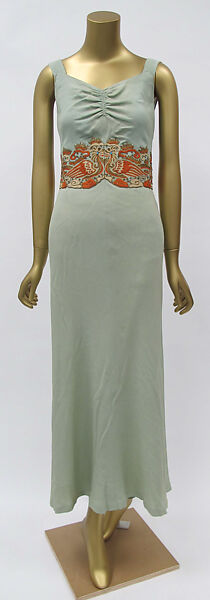 Evening ensemble, Maisons Agnès-Drecoll (French, 1931–1963), a) wool
b) silk
c) coral, silver, rhinestones, French