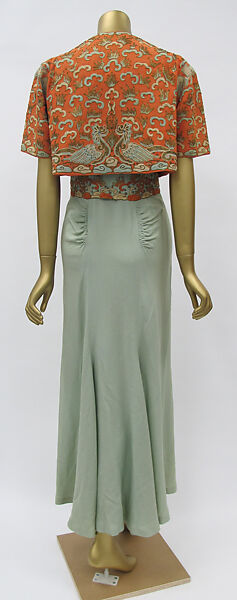 Evening ensemble, Maisons Agnès-Drecoll (French, 1931–1963), a) wool
b) silk
c) coral, silver, rhinestones, French