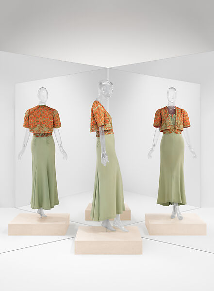 Evening ensemble, Maisons Agnès-Drecoll (French, 1931–1963), a) wool
b) silk
c) coral, silver, rhinestones, French