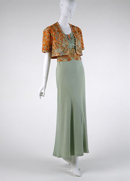 Evening ensemble, Maisons Agnès-Drecoll (French, 1931–1963), a) wool
b) silk
c) coral, silver, rhinestones, French 