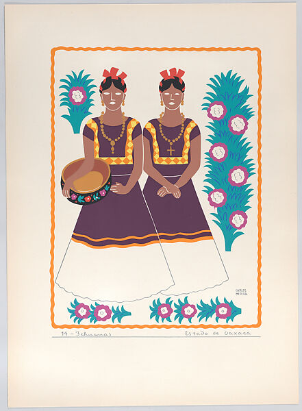 Two Tehuana women from the state of Oaxaca, plate 14 from "Trajes Regionales Mexicanos" (Regional Mexican Dress), Carlos Mérida (Guatemalan, Guatemala City 1891–1984 Mexico City), Silkscreen 