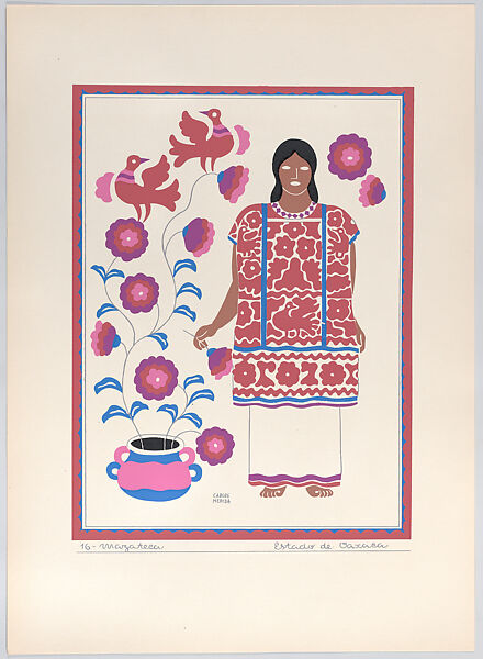 A Mazatec woman from the state of Oaxaca, plate 16 from "Trajes Regionales Mexicanos" (Regional Mexican Dress), Carlos Mérida (Guatemalan, Guatemala City 1891–1984 Mexico City), Silkscreen 