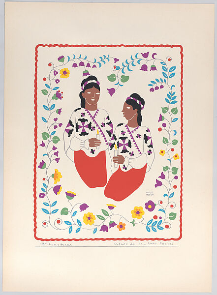 Two Huasteca women from the state of San Luis Potosí, plate 18 from "Trajes Regionales Mexicanos" (Regional Mexican Dress), Carlos Mérida (Guatemalan, Guatemala City 1891–1984 Mexico City), Silkscreen 