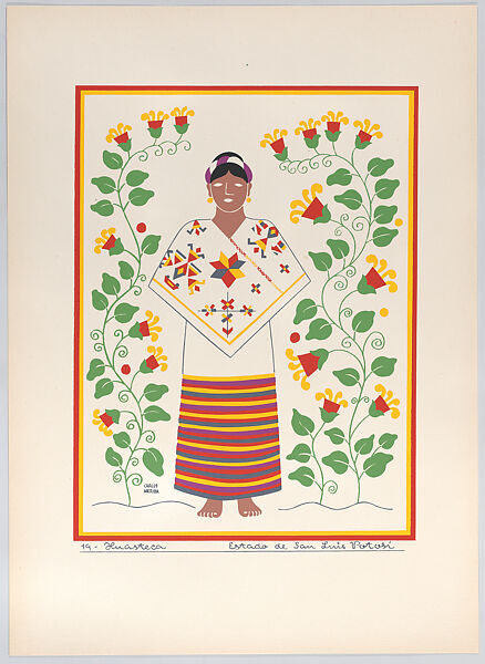 A Huasteca woman from the state of San Luis Potosí, plate 19 from "Trajes Regionales Mexicanos" (Regional Mexican Dress), Carlos Mérida (Guatemalan, Guatemala City 1891–1984 Mexico City), Silkscreen 