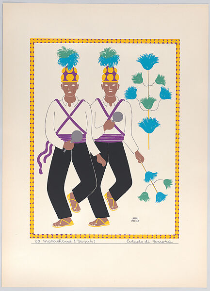 Two dancers (Matachines) from the state of Sonora, plate 20 from "Trajes Regionales Mexicanos" (Regional Mexican Dress), Carlos Mérida (Guatemalan, Guatemala City 1891–1984 Mexico City), Silkscreen 