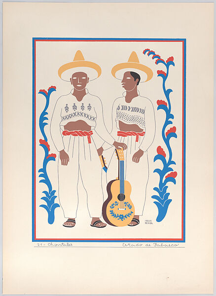 Two musicians (Chontal Maya) from the state of Tabasco, plate 21 from "Trajes Regionales Mexicanos" (Regional Mexican Dress), Carlos Mérida (Guatemalan, Guatemala City 1891–1984 Mexico City), Silkscreen 