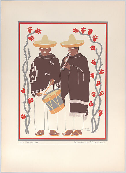 Two musicians from the state of Tlaxcala, plate 22 from "Trajes Regionales Mexicanos" (Regional Mexican Dress), Carlos Mérida (Guatemalan, Guatemala City 1891–1984 Mexico City), Silkscreen 