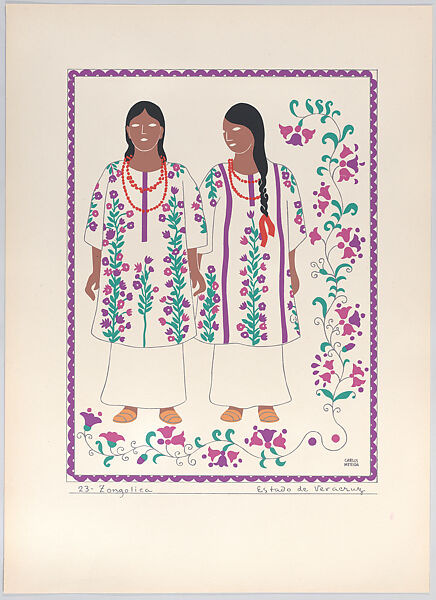 Two young women from Zongolica in the state of Veracruz, plate 23 from "Trajes Regionales Mexicanos" (Regional Mexican Dress), Carlos Mérida (Guatemalan, Guatemala City 1891–1984 Mexico City), Silkscreen 