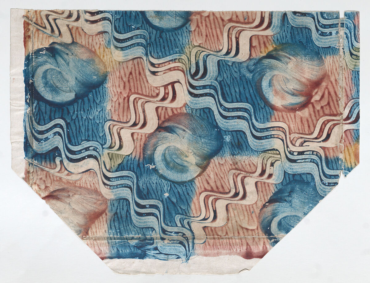 Blue and pink paste paper with circle and wavy line pattern, Anonymous  , 19th century, Relief print (wood or metal) 