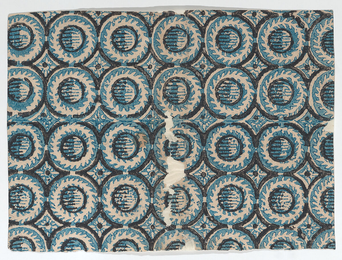 Sheet with overall blue circular pattern, Anonymous  , 18th century, Relief print (wood or metal) 