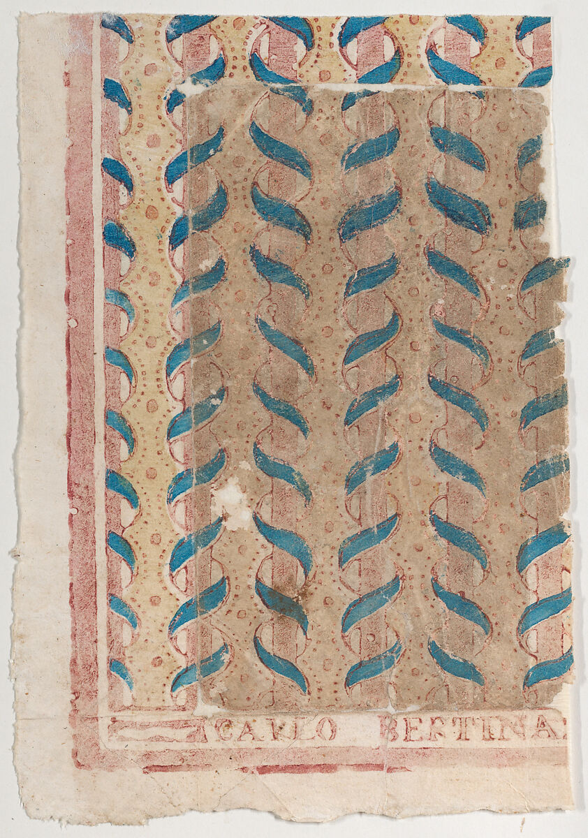 Sheet with blue and pink abstract pattern, Anonymous  , Italian, 18th century, Relief print (wood or metal) 