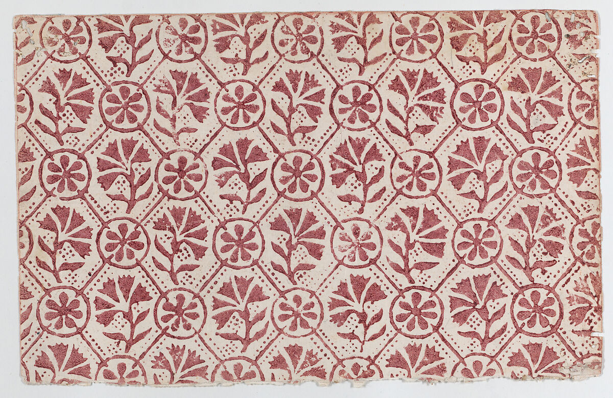 Sheet with overall red geometric and floral pattern, Anonymous  , 18th century, Relief print (wood or metal) 