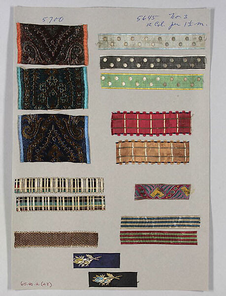 Sheet of ribbon samples, Silk, Swiss