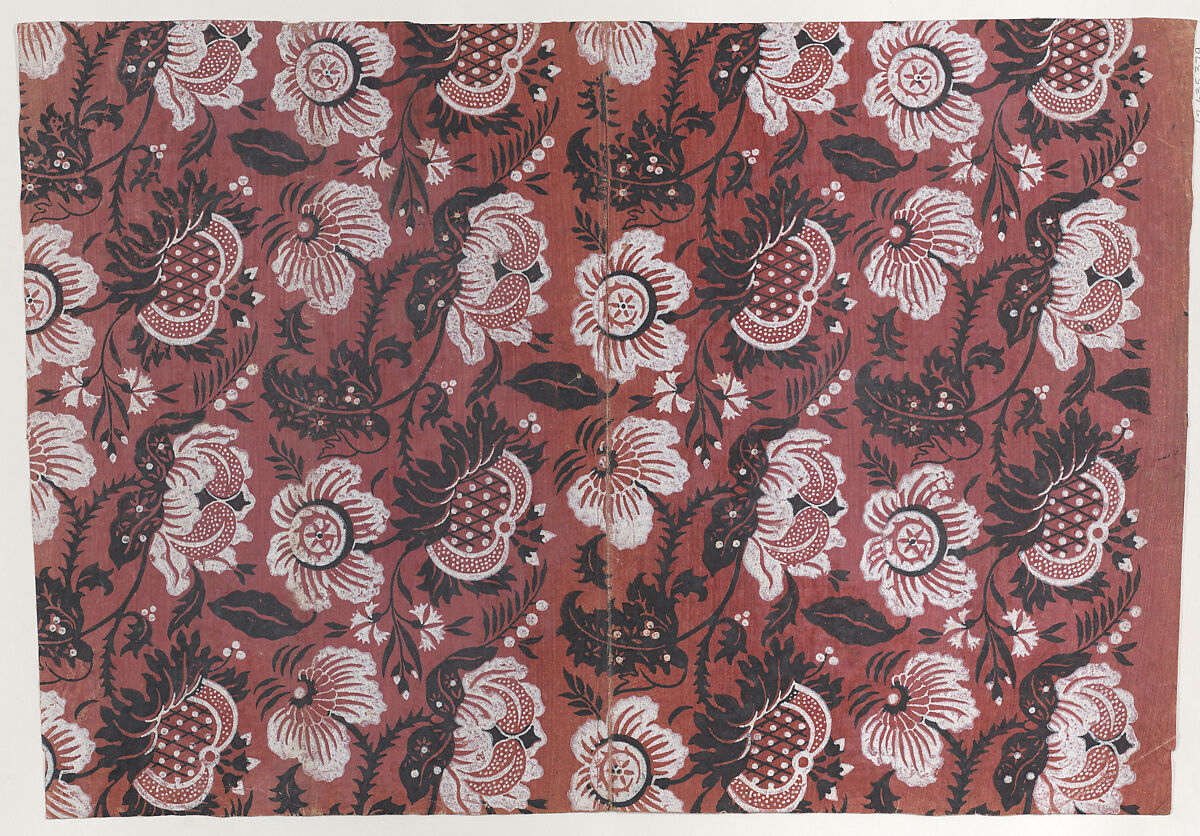 Red book cover with black and white floral pattern, Anonymous  , 19th century, Relief print (wood or metal) 