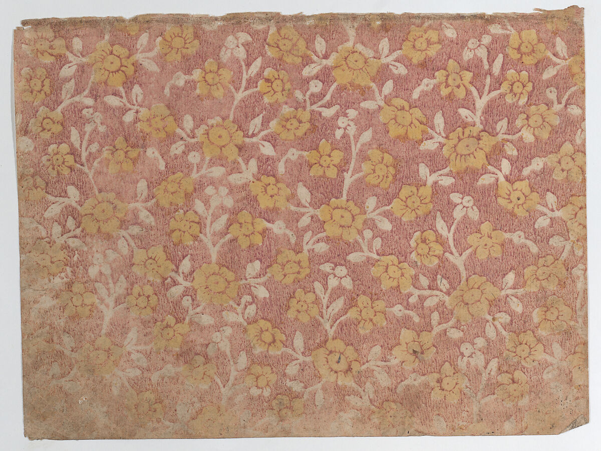 Sheet with yellow floral pattern, Anonymous  , 19th century, Relief print (wood or metal) 