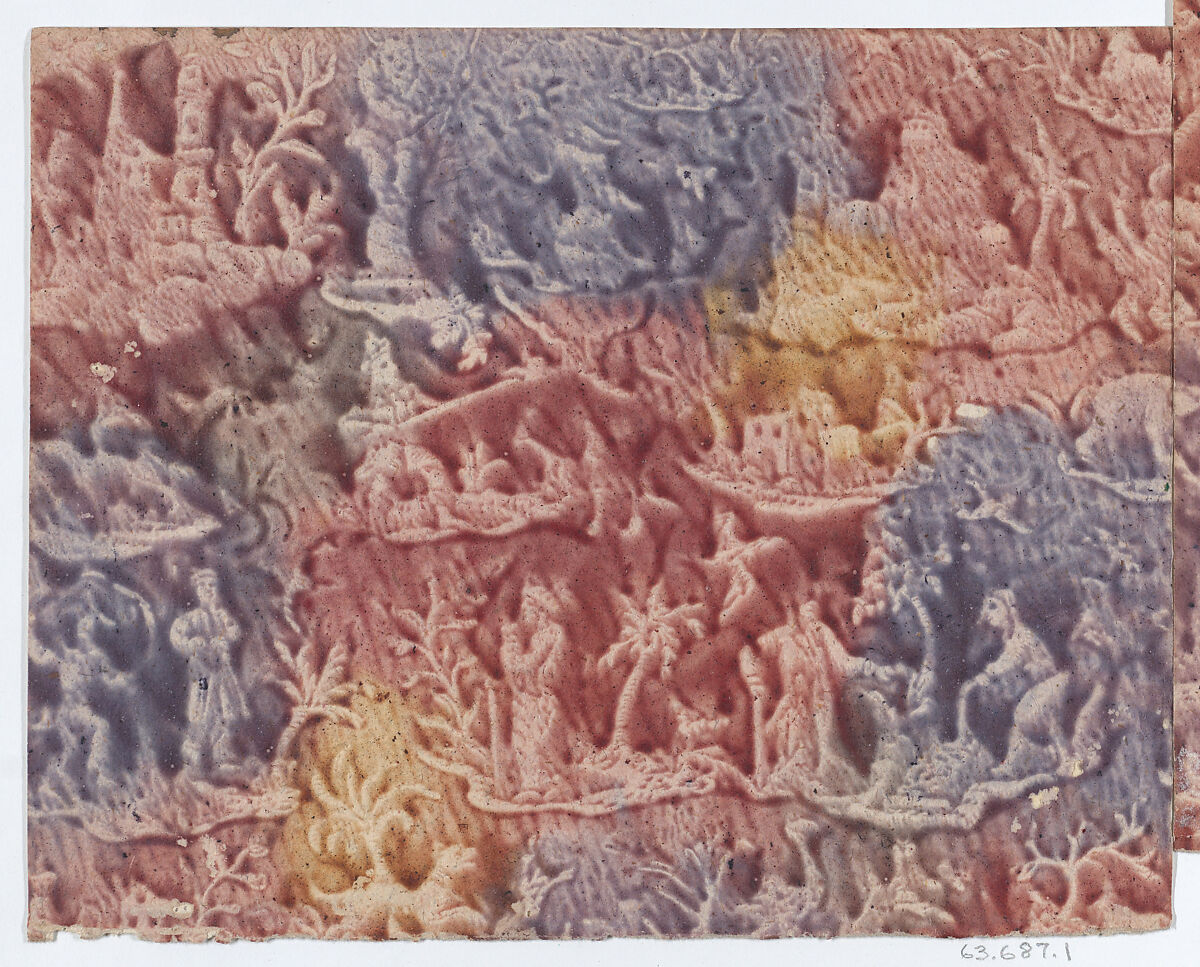 Sheet with figures in landscapes in red, purple, and yellow, Anonymous  , German, 18th century, Woodblock paste paper 