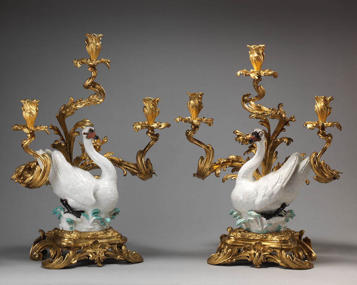 Swan candelabrum (one of a pair), Meissen Manufactory (German, 1710–present), Hard-paste porcelain with gilt-bronze mount, German, Meissen with French mount