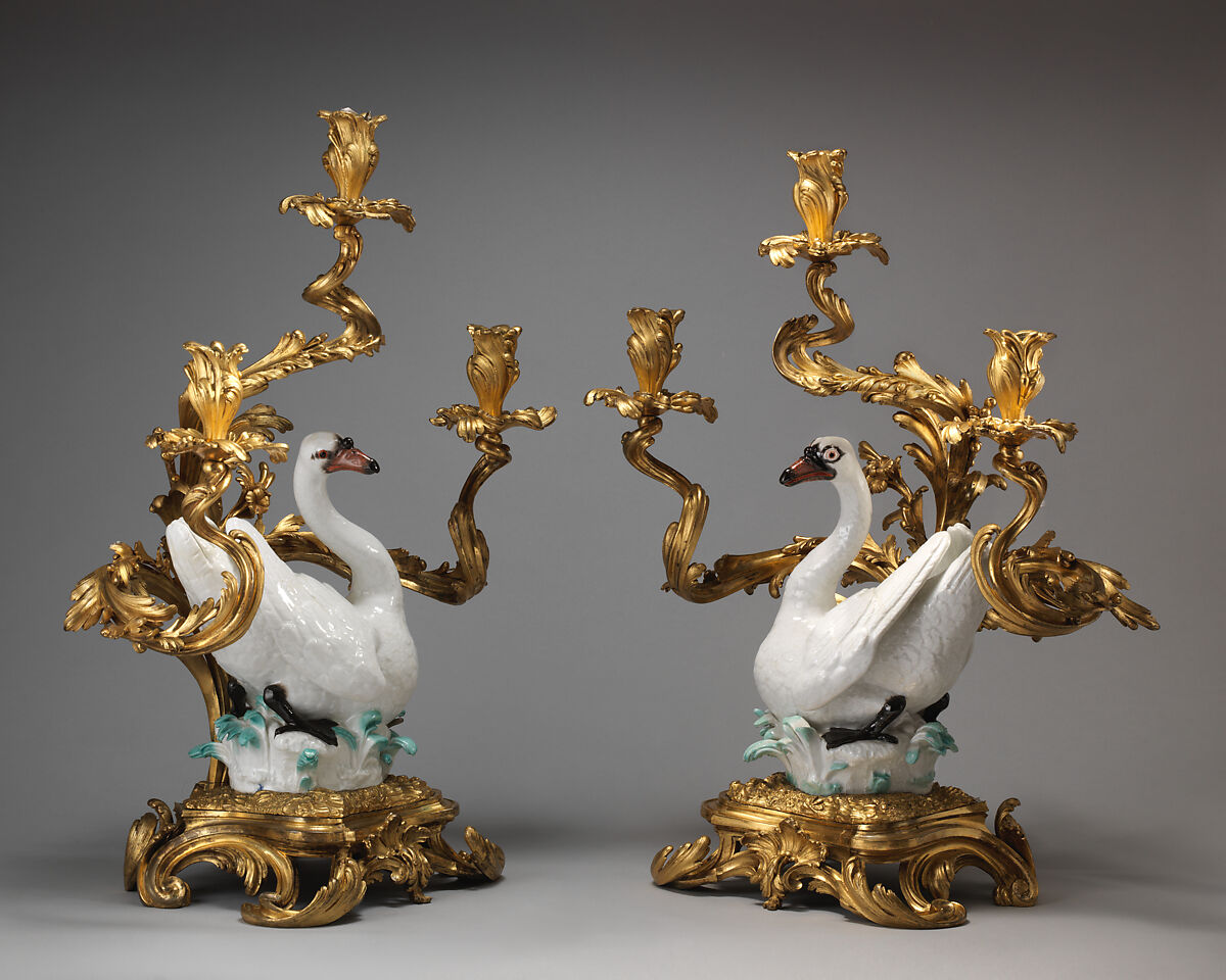Swan candelabrum (one of a pair), Meissen Manufactory (German, 1710–present), Hard-paste porcelain with gilt-bronze mount, German, Meissen with French mount