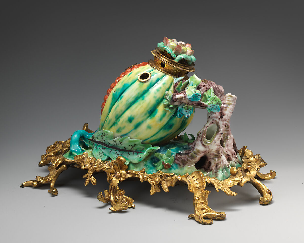 Inkstand in the form of a pomegranate in a gilt-bronze mount, Chantilly (French), Soft-paste porcelain, gilded bronze, French, Chantilly or Villeroy
