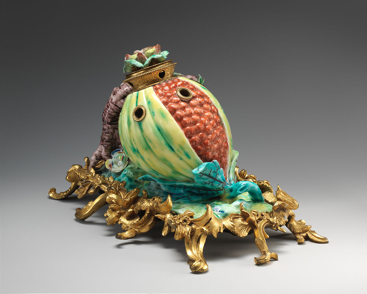 Inkstand in the form of a pomegranate in a gilt-bronze mount, Chantilly (French), Soft-paste porcelain, gilded bronze, French, Chantilly or Villeroy 