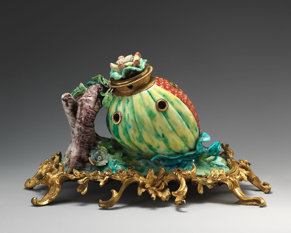 Inkstand in the form of a pomegranate in a gilt-bronze mount, Chantilly (French), Soft-paste porcelain, gilded bronze, French, Chantilly or Villeroy