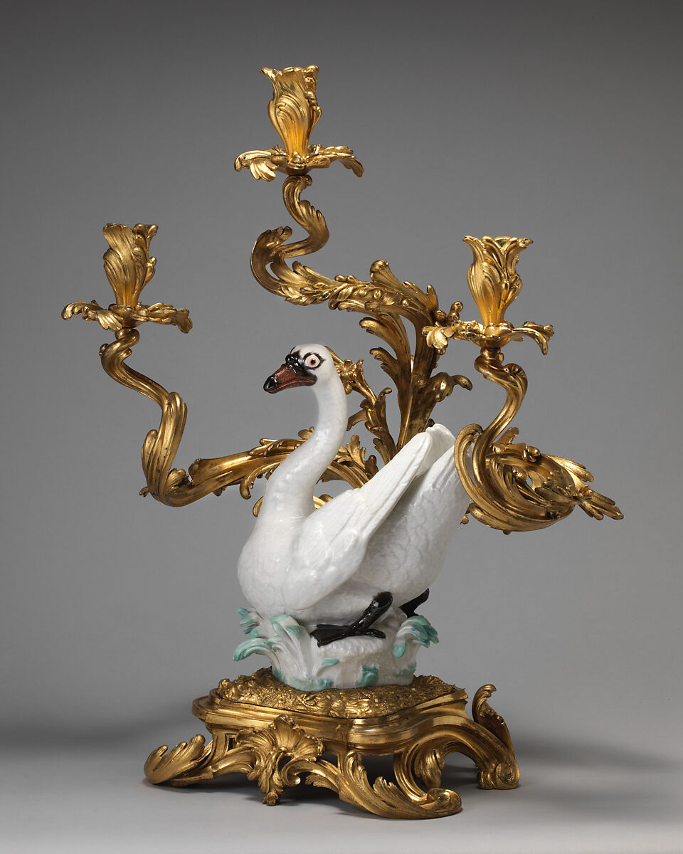 Swan candelabrum (one of a pair), Meissen Manufactory (German, 1710–present), Hard-paste porcelain with gilt-bronze mount, German, Meissen with French mount 