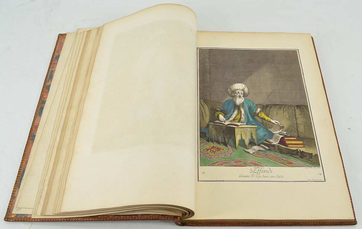 Explication des cent estampes qui représentent différentes nations du Levant avec de nouvelles estampes de cérémonies Turques qui ont aussi leurs explications, Le Hay (French), Paper: engraved and hand colored; bound in red morocco leather, French