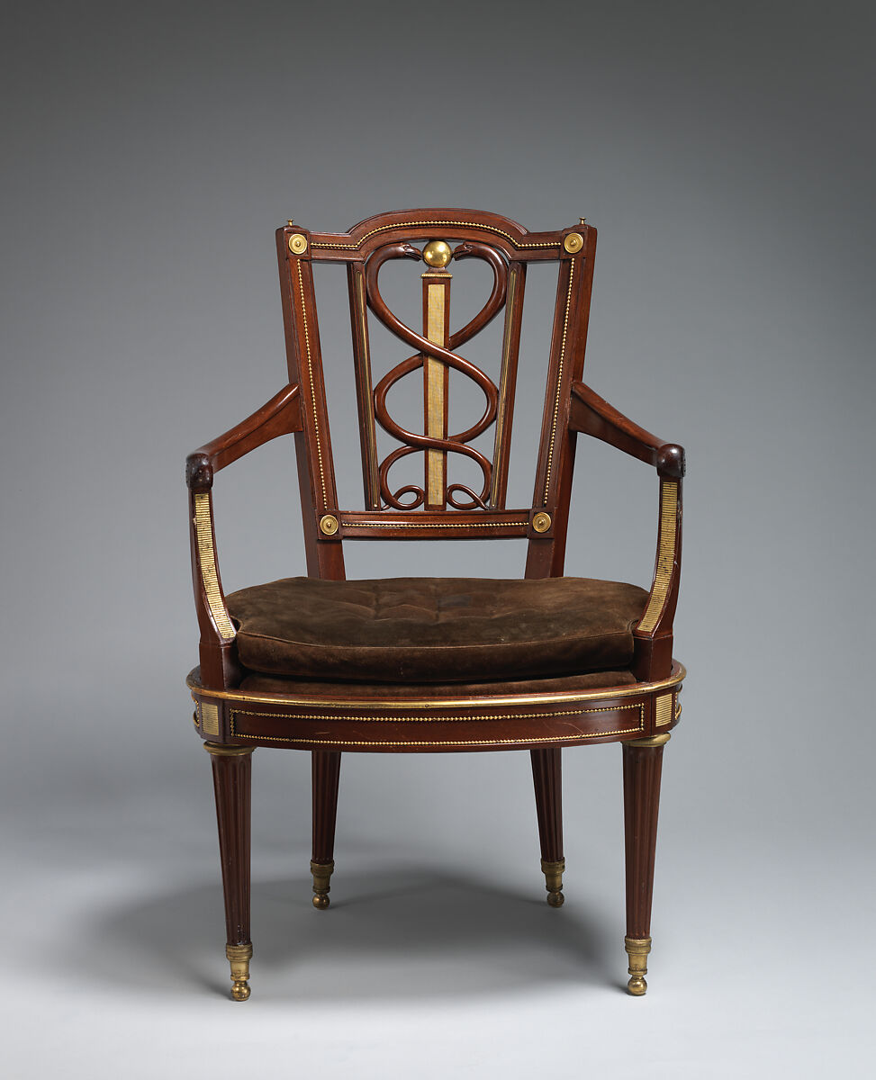 Armchair en cabriolet, David Roentgen (German, Herrnhaag 1743–1807 Wiesbaden, master 1780), Mahogany, gilt bronze, brass; modern suede upholstery, German, Neuwied am Rhein 