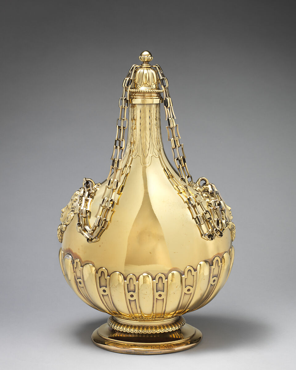 Pilgrim bottle (one of a pair), Robert Garrard II (active 1818–after 1847), Gilded silver, British, London 