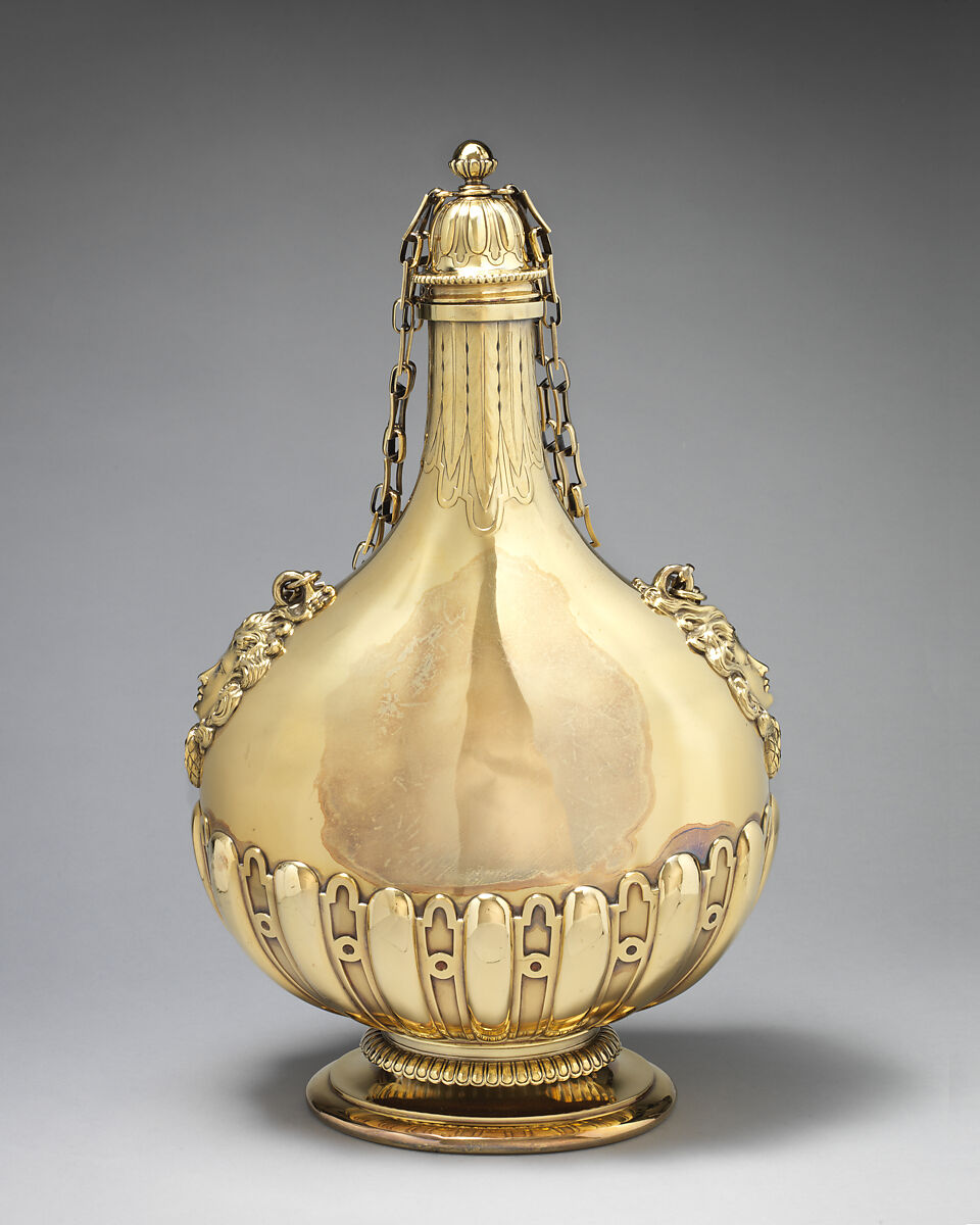 Pilgrim bottle (one of a pair), Robert Garrard II (active 1818–after 1847), Gilded silver, British, London