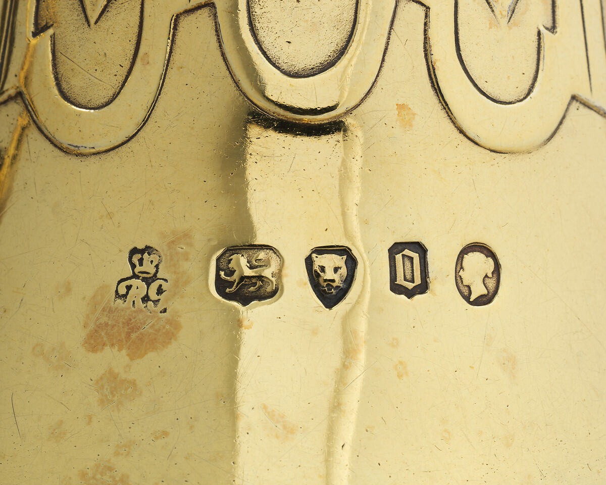 Pilgrim bottle (one of a pair), Robert Garrard II (active 1818–after 1847), Gilded silver, British, London