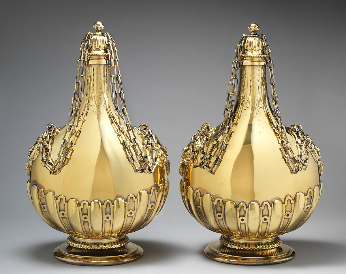 Pilgrim bottle (one of a pair), Robert Garrard II (active 1818–after 1847), Gilded silver, British, London