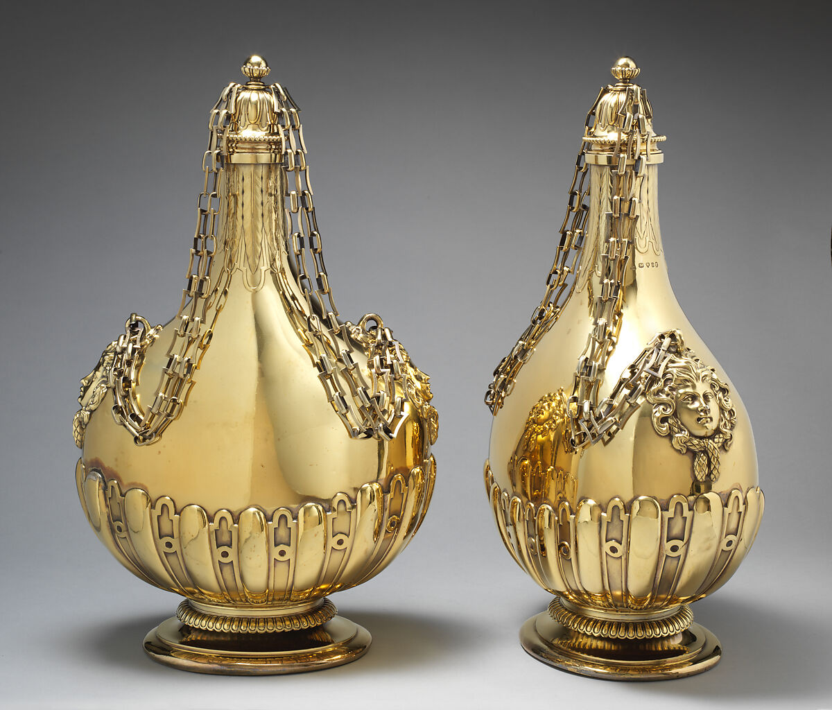 Pilgrim bottle (one of a pair), Robert Garrard II (active 1818–after 1847), Gilded silver, British, London