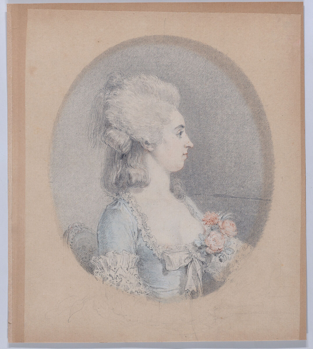 Profile Portrait of a Woman, Augustin de Saint-Aubin (French, Paris 1736–1807 Paris), Graphite, red and black chalk, with touches of blue wash 