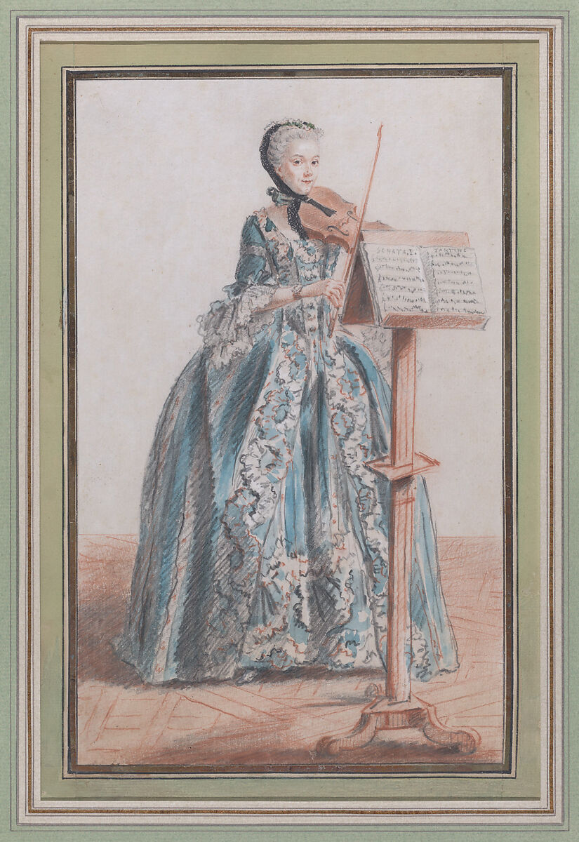 Woman Playing the Violin, Seen from the Front, Louis de Carmontelle (French, Paris 1717–1806 Paris), Red and black chalk, graphite, and watercolor 